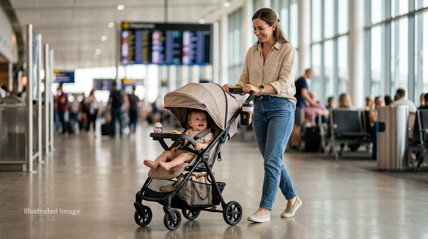 Women walking at airport with baby on the stoler